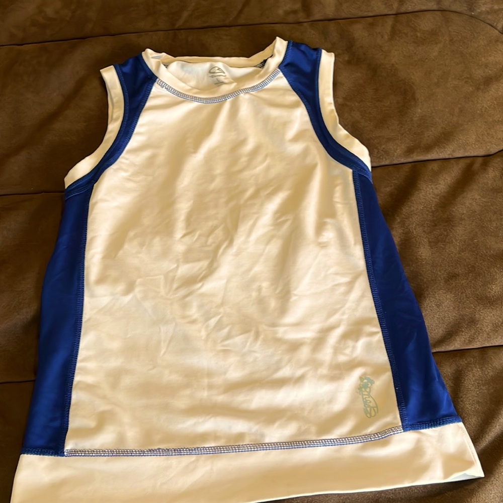 White with Blue striped Champion L fitted athletic tank.